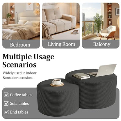 Round Nesting Coffee Table Set of 2,Upholstered Foam Ottoman Footrest Side Table Set,Modern Flannel Circle Coffee Table No Assembly for Living Room Entryway Bedroom,Grey - color: Grey