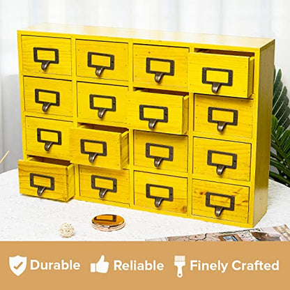 Yellow 16-Slot Wooden Drawer Unit - Country Style Desk Organizer - 20"x3.6”x14” Wooden Storage Box w/ 16 Drawers - Countertop Drawers w/Label Holder & Handle - Slim 4-Level Desk Organizer - color: 16 Drawer Golden Yellow
