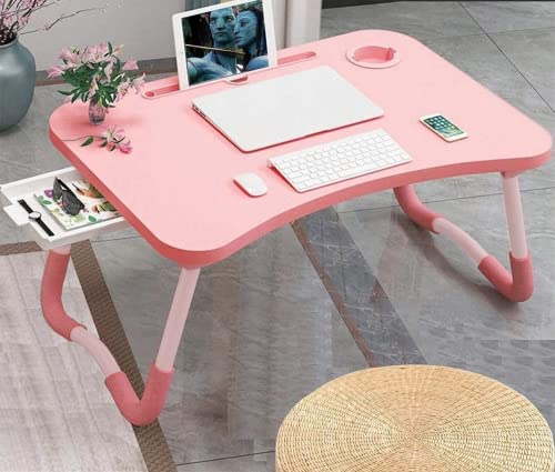 Laptop Desk Foldable Bed Table, Portable Lap Desk Laptop Bed Tray Table with Storage Drawer and Cup Holder, Lap TraysTables Notebook Stand Reading Desks Breakfast Tray for Beds Couch Sofa Floor – Pink - color: Pink