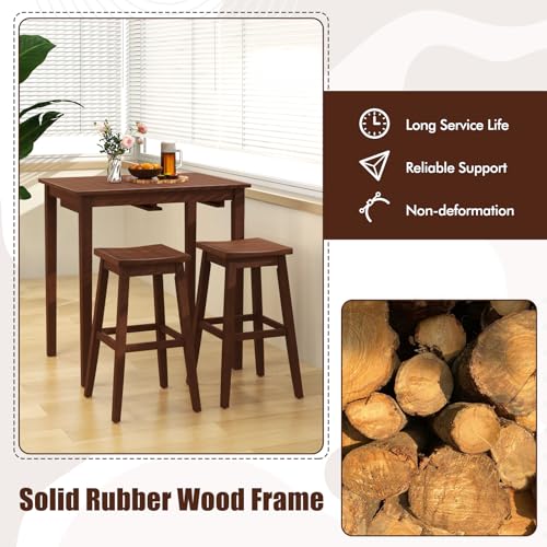 COSTWAY 3-Piece Bar Table Set, Wooden Bistro Set w/Pub Table and 2 Saddle Stools, Bar Chairs Under Counter Height Table, Space-Saving Dining Set for Breakfast Nook, Living Room, Small Space | Bar Chairs Under Counter Height Table, Space-saving Dining Set