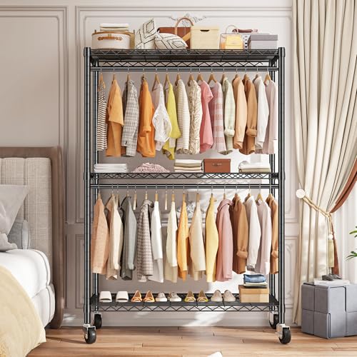Raybee Clothes Rack, 45" W Clothing Racks for Hanging Clothes, Garment Rack with Wheels and Adjustable Feets, Max Load 440LBS, Black - color: Black