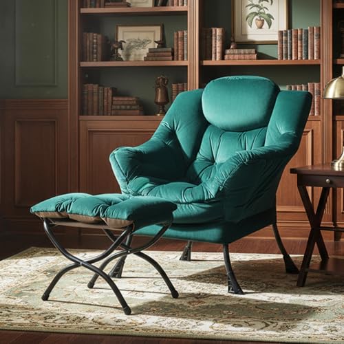 Lazy Chair with Ottoman, Comfy Reading Accent Chair, Velvet Green | Foldable Footrest, Padded Seat and Backrest, Side Pocket for Lounging in Living Rooms, Bedrooms, Dorms and Small Spaces - color: Green