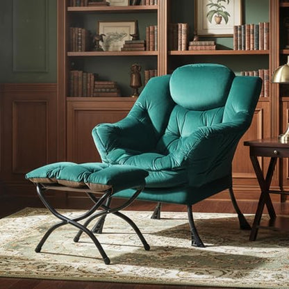 Lazy Chair with Ottoman, Comfy Reading Accent Chair, Velvet Green | Foldable Footrest, Padded Seat and Backrest, Side Pocket for Lounging in Living Rooms, Bedrooms, Dorms and Small Spaces - color: Green