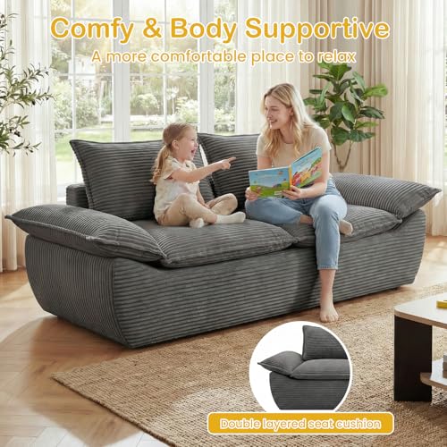 69" Boneless Couch, 3-Seater Oversized Boneless Loveseat Sofa with Removable Cushions & 3 Pillows, Deep Seat Compress Foam Sofa for Living Room, Apartments, & Office - color: Grey, size: 3 Seater (69")