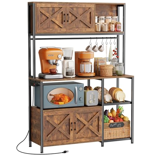 Huuger Large Bakers Rack with Power Outlet, Kitchen Microwave Stand with Cabinets, Coffee Bar Table Station with Storage, 6 S-Shaped Hooks, Mesh Shelves, 45 Inch Wooden Top, Rustic Brown - color: Rustic Brown