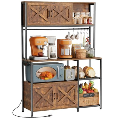 Huuger Large Bakers Rack with Power Outlet, Kitchen Microwave Stand with Cabinets, Coffee Bar Table Station with Storage, 6 S-Shaped Hooks, Mesh Shelves, 45 Inch Wooden Top, Rustic Brown - color: Rustic Brown
