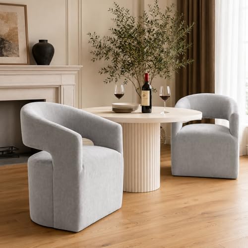 Upholstered Barrel Chair with Casters, Soft Textured Fabric Accent Armchair, Curved Wraparound Backrest, Open Cutout, Rounded Seat for Vanity Office Bedroom, Light Gray - color: Light Gray