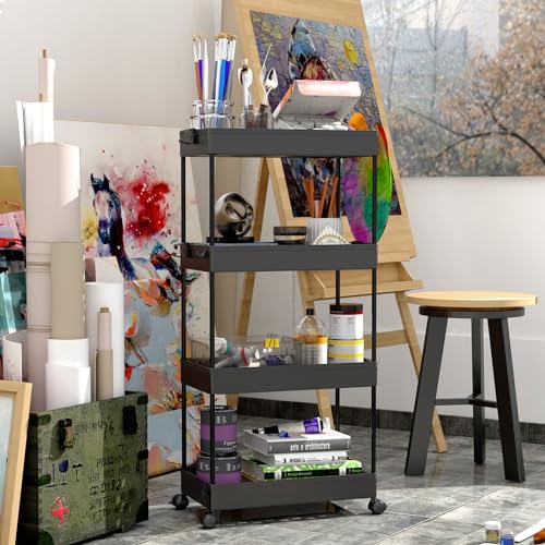 SPACEKEEPER Storage Cart 4-Tier, Bathroom Rolling Cart Utility Storage Organizer Shelf Mobile Shelving Unit for Kitchen Living Room Bathroom Laundry Room & Dressers, Black | Mobile Storage Cart for Laundry Room Organization,Kitchen,Office,Bathroom, Utilit