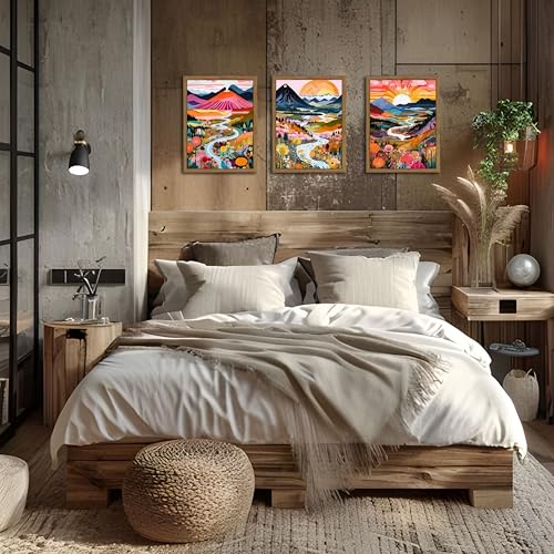 Wood Frame Boho Colorful Wall Art, Set of 3 Abstract Watercolor Mountain Landscape Wall Decor Painting, Modern Flower Aesthetic Posters Prints for Living Room Bathroom Bedroom 12x16In Framed - color: Colorful, size: 16L" x 12W"