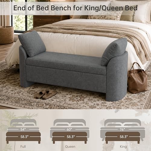 Usaint 58.3" Upholstered Storage Ottoman Bench with 2 Pillows, Charcoal | End of Bed Bench with Curved Arms and Thickened Seat Cushion for Bedroom, Livingroom, Window, Entryway and Dressing Areas - color: Charcoal
