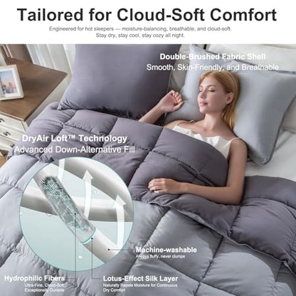 KASENTEX Queen Comforter Set – Reversible Dual Color – Goose Down Alternative – Ultra-Soft, Lightweight, Machine Washable, Maintain Fluffiness, All Season Warmth (Quartz Silver/Pebble Grey) | 250 GSM Fill, Ultra-Soft, Lightweight, Machine Washable, 1 Comf