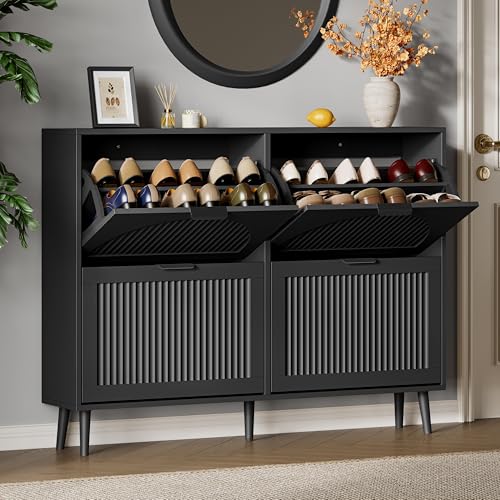 Xixini Shoe Storage Cabinet with 4 Flip Drawers, 36" Freestanding Wood Fluted Shoe Organizer for Entryway, Tall Narrow Wooden Hidden Slim Shoe Rack for Front Door Entrance, Hallway, Foyer, Solid Black - color: Solid Black, size: 4 Flip Drawers