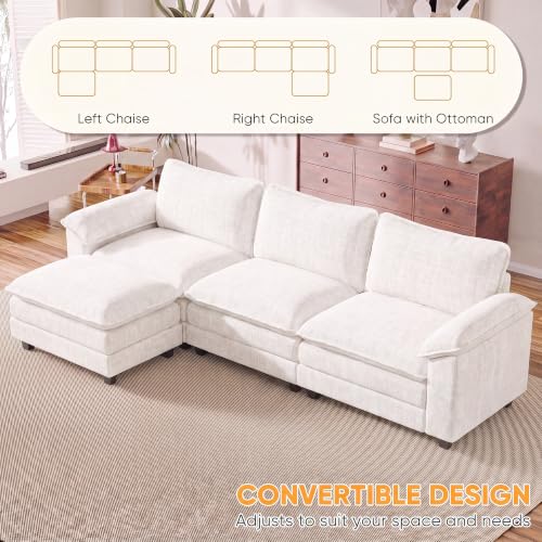 Homall 118.9" L Shaped Cloud Couch, Modular Sectional Sofa for Living Room | Comfy Chenille, Movable Ottoman, 3 Seat, Double Layer Cushion, Sturdy Frame, High-Density Foam, Easy Assembly, White - color: White, size: L Shaped Sofa