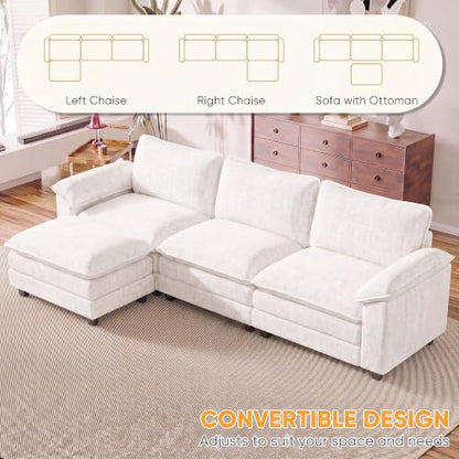 Homall 118.9" L Shaped Cloud Couch, Modular Sectional Sofa for Living Room | Comfy Chenille, Movable Ottoman, 3 Seat, Double Layer Cushion, Sturdy Frame, High-Density Foam, Easy Assembly, White - color: White, size: L Shaped Sofa