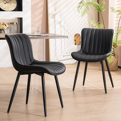 YOUNUOKE Dining Chairs Set of 2 Mid-Century Modern Kitchen Chair Black | Faux leather upholstered with Back, fits dining living waiting room guest reception. Waterproof easy to clean assemble, 300lb - color: Black