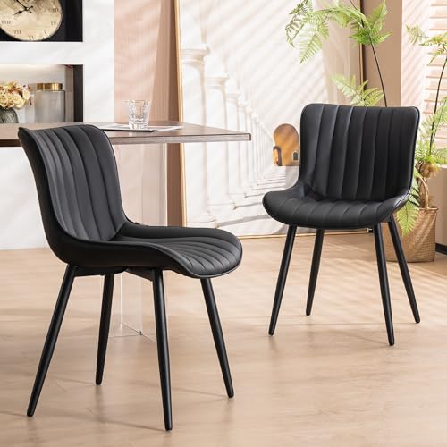 YOUNUOKE Dining Chairs Set of 2 Mid-Century Modern Kitchen Chair Black | Faux leather upholstered with Back, fits dining living waiting room guest reception. Waterproof easy to clean assemble, 300lb - color: Black