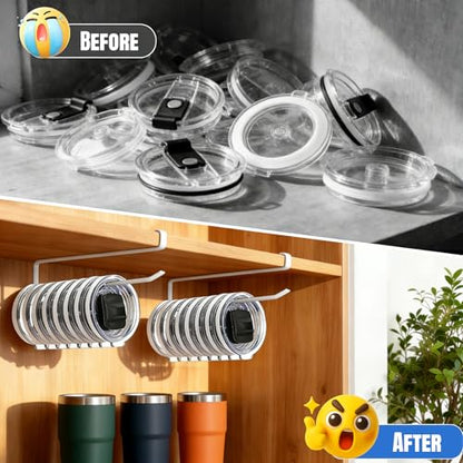 1 Pack Tumbler Lid Organizer, No Adhesive or Drilling, Kitchen Space Saver | Versatile Cup & Water Bottle Lid Holder, Under Cabinet Storage, White - style: 1 Pack, White