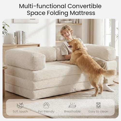 Erament Folding Sofa Bed, Convertible Tri Fold Mattress Foldable with Removable Armrests & Washable Cover, Small Small Pull Out Couch Bed with High-Density Foam, No-Assembly, Full, Beige - color: Beige, size: Full