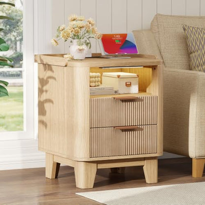 Baoz Fluted Nightstand with Charging Station & 2 Drawers, Natural Oak | 20" Wide Mid Century Modern Bedside Table with Light Wood Curved Profile 27in Tall LED Night Stand for Bedroom - color: Oak, size: 2 Drawers
