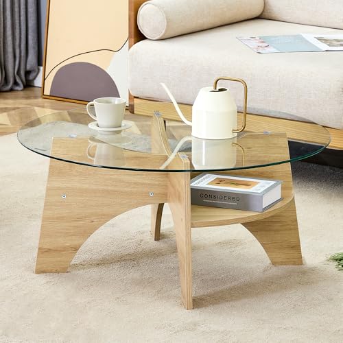 Modern Round Coffee Table, 31.5" Tempered Glass Top Coffee Table with Natural Wood Base and Storage Shelf, Mid-Century Center Table for Living Room, Easy Assembly - color: Natural Wood, size: 31.5" Cross-Shaped
