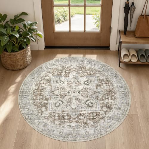 Tortania 4' Round Area Rug Living Room Rugs - Washable Boho Rug Vintage Oriental Distressed Farmhouse Large Thin Indoor Carpet for Bedroom Under Dining Table Home Office - Brown Blue - color: Brown Blue, size: 4' (Round)