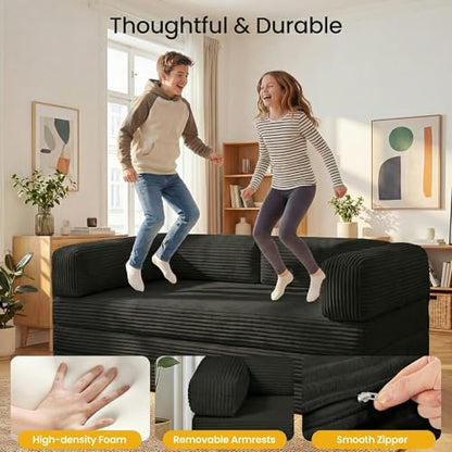 Erament Futon Sofa Bed, Convertible Tri-Folding Mattress Foldable Mattress with Removable Armrests & Washable Cover, Small Couch Bed with High-Density Foam, No-Assembly, Full, Black - color: Black, size: Full