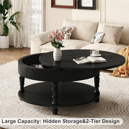 TIANG Flip-Top Round Coffee Table with Tool-Free Assembly in Solid Wood | 31.5"Mid Century Modern End Table Bedroom, Adjustable Silent Footpads,Sturdy Holds up to 100 lbs,Classic 2-Tier Design - color: Black