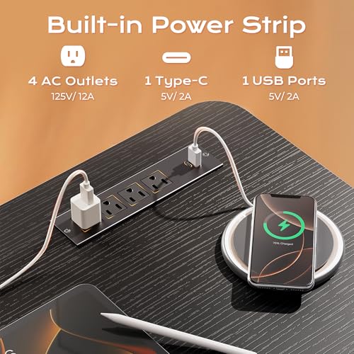 Huuger 전원 콘센트 및 USB-C 포트가 있는 전기 스탠딩 데스크, 139.9 x 61cm(55 x 24인치) 높이 조절 가능한 책상, 홈 오피스, 컴퓨터 및 게이밍 책상용 앉은 스탠드 데스크, 4개의 프리셋, 안정적인 스틸 프레임, 블랙 - color: 블랙., size: 55.1 x 23.6 inch