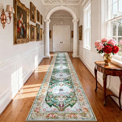 U'Artlines 3'x20' Boho Hallway Runner Rug Non Slip Washable Runners,Green | Vintage Farmhouse Kitchen Rug Accent Area Carpet for Entryway, Dining Room and Living Room - color: Green, size: 3' x 20' (Runner)