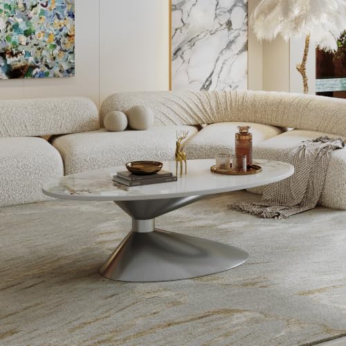 49.2" Oval Marble Coffee Table with Silver Stainless Steel Base, Luxury Sintered Stone Top Center Cocktail Tea Tables for Living Room,Easy Assembly - color: Style 4: Silver Base