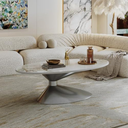 49.2" Oval Marble Coffee Table with Silver Stainless Steel Base, Luxury Sintered Stone Top Center Cocktail Tea Tables for Living Room,Easy Assembly - color: Style 4: Silver Base