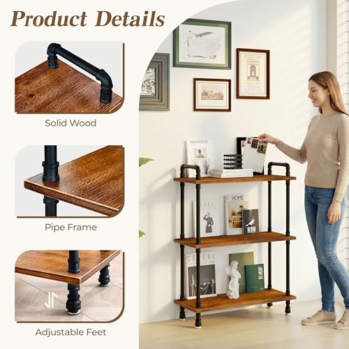 Industrial Bookshelf, Pipe Shelf Bookcase, 3 Tier, 30" Rustic Brown | Solid pine shelves, 30 inch wide, black pipe frame, 35 lbs per shelf, open bookcase for books, plants, office - color: Rustic Brown, size: 30"L × 39"H