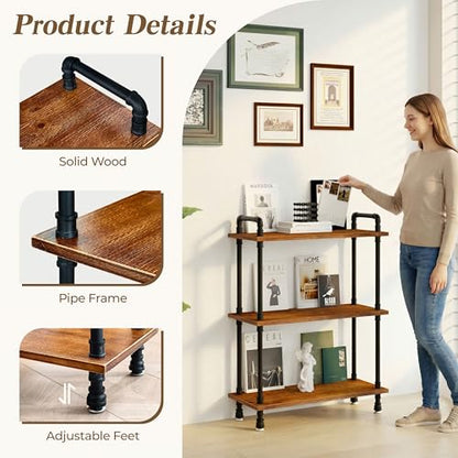 Industrial Bookshelf, Pipe Shelf Bookcase, 3 Tier, 30" Rustic Brown | Solid pine shelves, 30 inch wide, black pipe frame, 35 lbs per shelf, open bookcase for books, plants, office - color: Rustic Brown, size: 30"L × 39"H