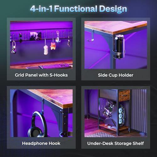 L Shaped Gaming Desk with Shelves, Corner Computer Table with LED Lights, Power Outlets and USB-C Ports, 42 Inch Reversible Home Office Desk with Storage Drawer, Work and Study, Rustic Brown