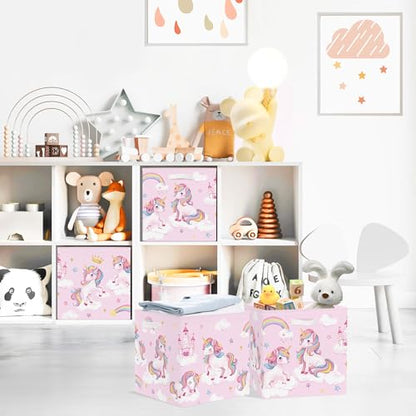 Clastyle 11.8" Unicorn Storage Basket Set of 3 for Kid Girl Toy Clothes Bin | Collapsible Fabric Book Bin, Metal Frame Bottom Board, Cube Organizer, Closet Nursery Pantry Shelf Bedroom, Pink Rainbow
