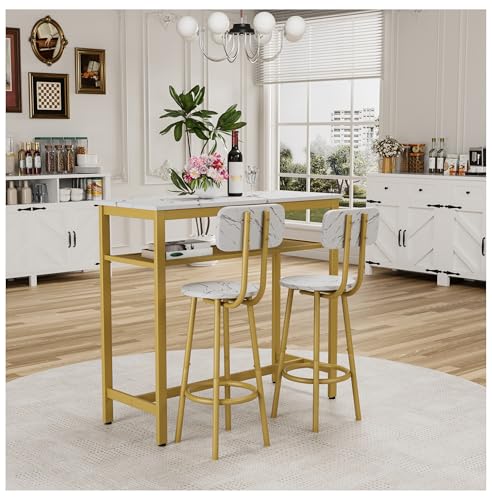 Counter Height Dining Table Set with 2 Stools - Kitchen Breakfast Bar Table - White Faux Marble Top