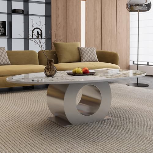 49.2" Oval Marble Coffee Table with Silver Stainless Steel Base, Luxury Modern White Sintered Stone Center Cocktail Tea Tables for Living Room,Easy Assembly - color: Style 3: Silver Base