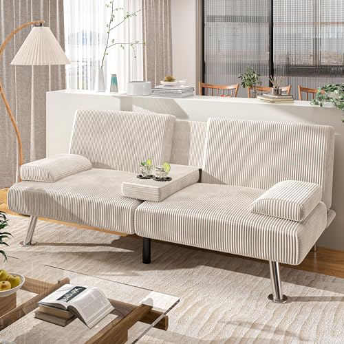 Shahoo Convertible Folding Futon Sofa Bed, Upholstered Sleeper Loveseat | Linen futon equipped with removable armrests, metal legs & 2 cup holders for living room (Beige) - color: Beige, style: Corduroy