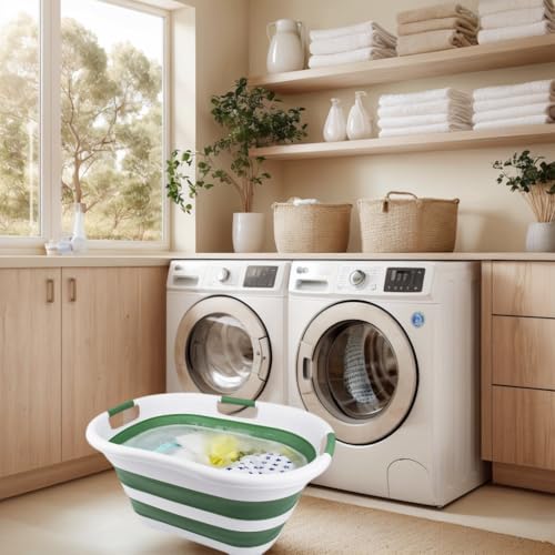 SAMMART 40L (10.5 gallon) Collapsible Plastic Laundry Basket - Foldable Pop Up Storage Container/Organizer - Portable Washing Tub - Space Saving Hamper/Basket (1, White/Dark Sea Green) - color: White/Dark Sea Green