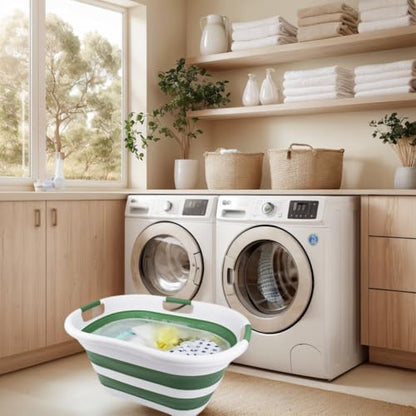 SAMMART 40L (10.5 gallon) Collapsible Plastic Laundry Basket - Foldable Pop Up Storage Container/Organizer - Portable Washing Tub - Space Saving Hamper/Basket (1, White/Dark Sea Green) - color: White/Dark Sea Green