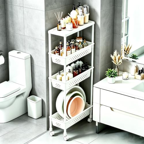 Slim 4 Tier Rolling Storage Cart Narrow Bathroom Organizer on Wheels White | 6.7" wide for tight bathroom/kitchen gaps, extra-tall tier, 360° casters, quick-dry shelves, tool-free storage rack - color: White