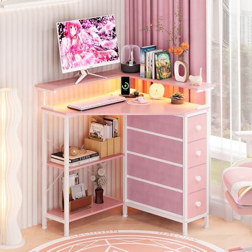 VENNQD Corner Desk with Drawers Shelves for Small Space 90 Degrees Triangle Computer Desk with Power Outlets,Gaming Desk with LED Lights Monitor Stand for Home Office Workstation Writing Table (Pink) - color: Pink