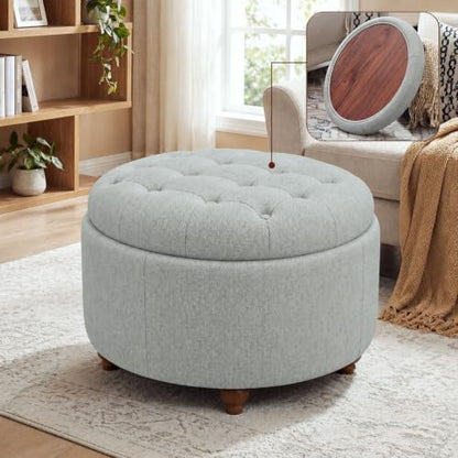 25" Round Ottoman with Storage, Small Coffee Table with Reversible Tray Lid | Tufted Fabric Round Storage Ottoman with Solid Wood Legs, 3-in-1 Footrest for Living Room, Bedroom, Entryway, Gray - color: Grey