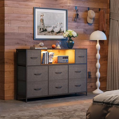 WLIVE LED Dresser TV Stand for 55 Inch TV, 8 Drawers, Dark Grey | Fits TVs up to 55 inch, 8 fabric drawers, LED chest of drawers, Built-in power outlet, Living room or bedroom - color: Dark Gray