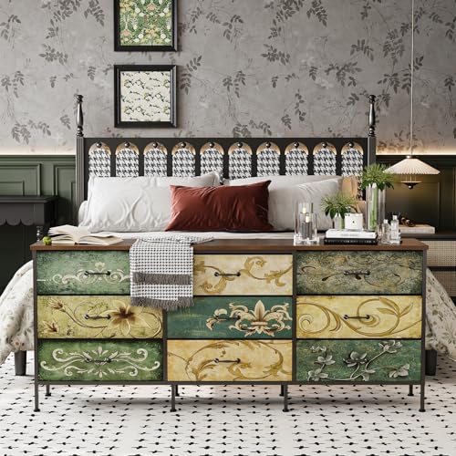 Dresser with Drawers for Bedroom Chest of Drawers Fabric Dresser for Closet,Nursery Entryway Hall Tree TV Stand for Living Room Retro Floral Pattern Drawers Wooden Top (Wide 9 Drawers) - size: 11.8"D x 62.9"W x 26.7"H (9 Drawers)
