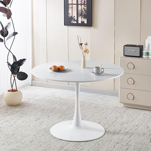 42" Tulip Table for 4-6 Persons Modern Round Dining Room Table, Mid-Century Modern White Small Kitchen Table with MDF Wooden Top, Leisure Coffee Table for Living Room, Dining Room, Office - color: White, size: 42"