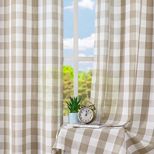Amzdecor Buffalo Plaid Grommet Curtains 90 Inch Length, Tan Semi-Sheer Gingham Check Farmhouse Rustic Textured Curtains Drapery for Living Room Bedroom,2 Panels （40" x 90",Beige/Tan & White） - color: Beige/White, size: 40"W x 90"L (Pack of 2)