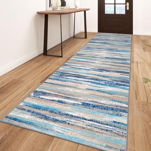 Lansny Abstract 3x10 Runner Rug Washable Runners for Hallway Non Slip | Blue;Thin Printed Faux Wool Runners;Rubber Backed Floor Carpet Runners 10ft;Extra Long Runner Rug for Hall Entryway - color: Blue Aqua/Beige Taupe Multi, size: 3' x 10' (Runner)