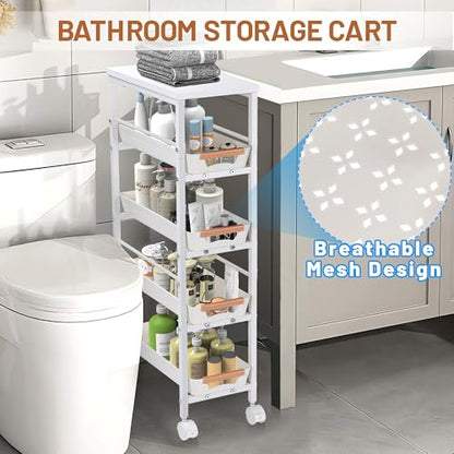 Slim Storage Cart, 5-Tier Narrow Rolling Kitchen Laundry Room Cart with Drawer and Wheels, Metal Utility Cart Slide Out Organizer for Small Spaces (White) - style: 5 Tiers-White