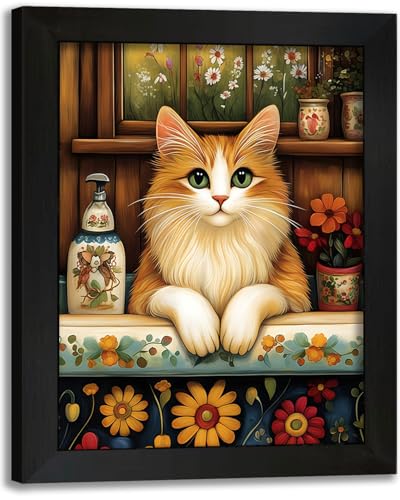 Framed Cat Wall Art Canvas Print 8x10 Inch Cute Orange Cat Painting Poster Picture Gallery Artwork Floral Farmhouse Illustration Home Decor - color: Country cats
